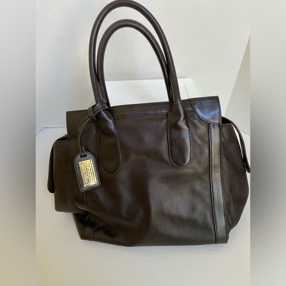 Badgley Mischka Purse Leather Computer Handbag Travel Glam Brown Structured